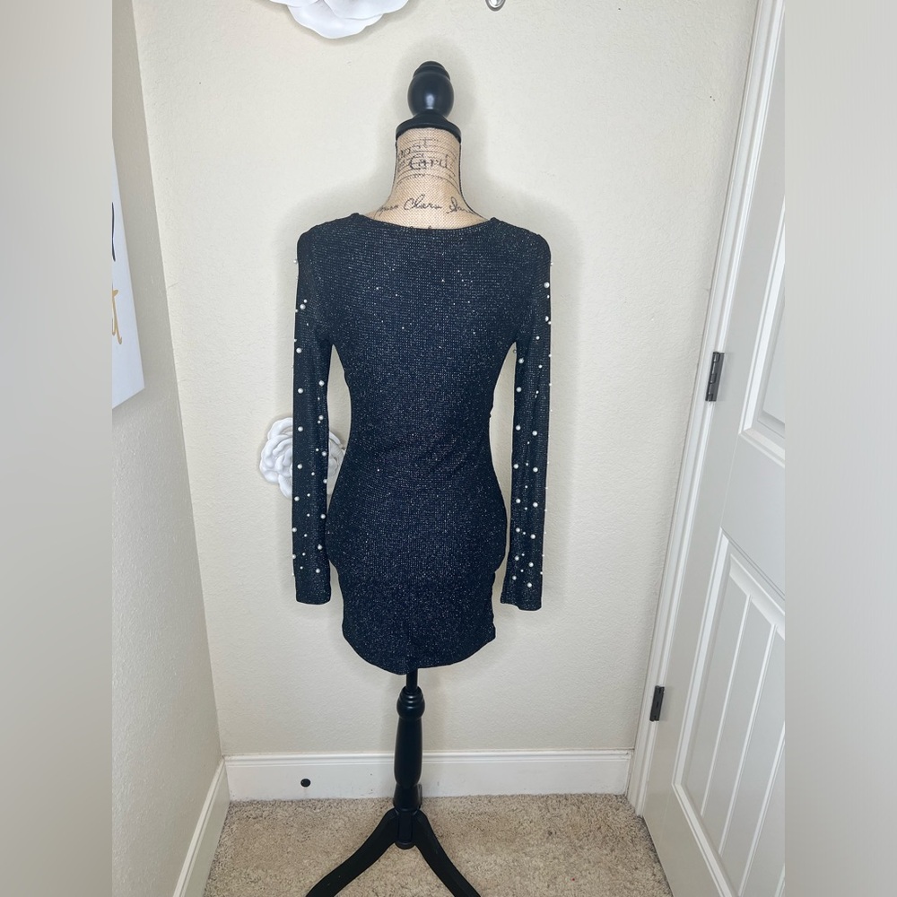 NTM: SHEIN Pearl Embellished Black Bodycon Mini Dress Long Sleeve Size Small - Picture 9 of 16